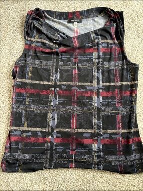 Nine West Black Plaid Cowl Neck Shell with Red Accents